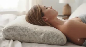Side view of a person sleeping comfortably on a specialized ergonomic contour pillow to reduce shoulder pressure