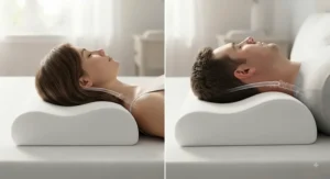 Close up illustration of a contour pillow's dual-height design providing customized support for different shoulder widths while side sleeping.