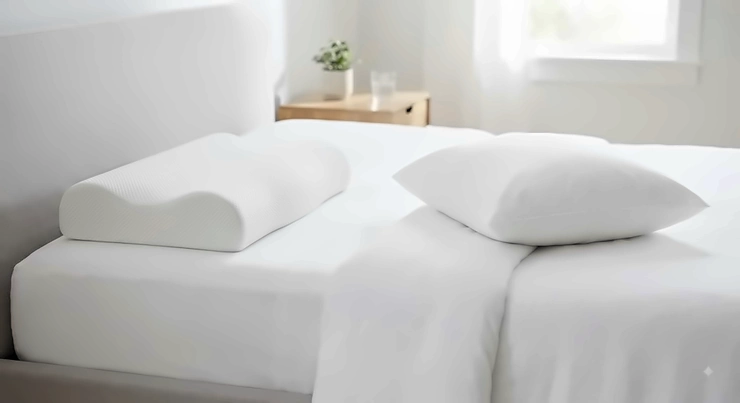 Side-by-side comparison of a ergonomic contour pillow and a standard regular pillow for side sleepers on a clean white bed. contour pillow vs regular pillow for side sleepers