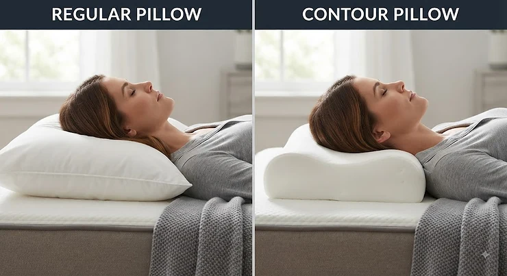 Comparison of a contour pillow and a standard pillow showing the difference in neck support for a side sleeper.