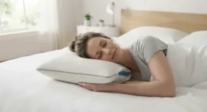 A person sleeping comfortably on a supportive bamboo pillow designed to provide hot flashes and night sweats relief.