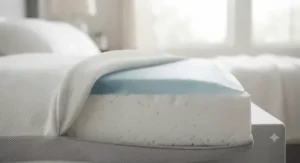 Close-up view of the cooling gel layer on top of a breathable memory foam pillow.