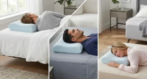 Illustration of side, back, and stomach sleepers demonstrating proper neck support and spine alignment while using a cooling bed pillow.