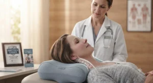 A doctor-recommended therapeutic pillow demonstrating proper spinal alignment for chronic neck pain relief.