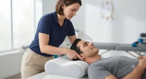 Physical therapist demonstrating proper alignment using a therapeutic pillow for neck pain and headaches.