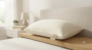 An eco-friendly organic bamboo fiber pillow displayed neatly on a minimalist neutral-toned bedroom bolster.
