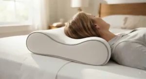 Close up of a memory foam pillow for back sleepers showing contouring head support.