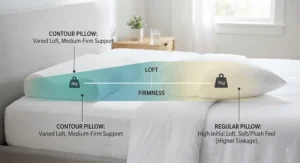 Comparison of pillow loft and firmness levels between a contour cervical pillow and a traditional regular pillow.