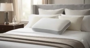 A luxury gel memory foam pillow styled on a high-end hotel bed with neutral-toned pillows.