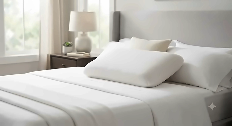 A plush gel memory foam pillow neatly placed on a made bed with crisp white linens.