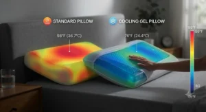 Thermal heat map illustration comparing the high temperatures of a standard pillow to the low, comfortable temperatures of a cooling pillow for hot sleepers.