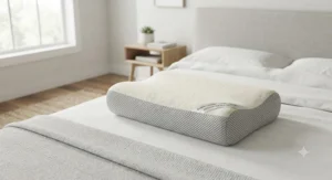 Hypoallergenic bamboo cover pillow for neck pain and headaches shown with breathable mesh sides.