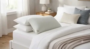 Plush luxury best bamboo pillow styled with crisp white hotel bedding and accent pillows