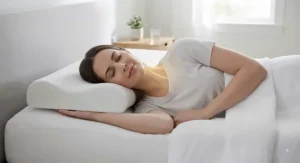 A side sleeper experiencing neck pain relief while resting on a memory foam contour pillow.