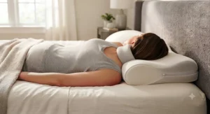 Orthopedic pillow for neck pain side sleepers demonstrating correct posture while sleeping on the side
