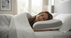 A person sleeping comfortably on a supportive gel memory foam pillow in a modern bedroom.