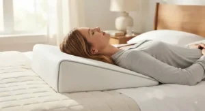 A wedge shaped pillow for back sleepers used to help improve breathing and reduce snoring.