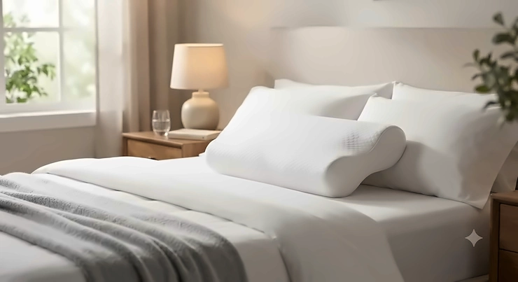 Ergonomic pillow for shoulder pain side sleepers displayed on a neatly made bed