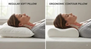 Cross-section view comparing how a regular soft pillow versus an ergonomic contour pillow supports the head and neck in a side-sleeping position.