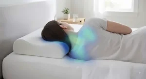 Graphic highlighting shoulder pressure point relief and ergonomic cradling for side sleepers using a contour pillow.