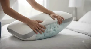 Hands fluffing an adjustable shredded gel memory foam pillow to show its malleable loft.