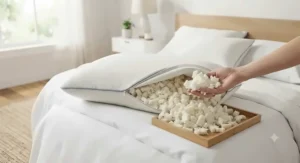 An adjustable shredded memory foam bamboo pillow showing its customizable filling for comfortable side sleeping.