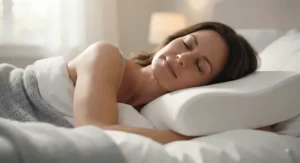 A side sleeper experiencing comfort and reduced pressure on the neck and shoulders while using a memory foam contour pillow.