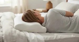 Side sleeper using a specialized memory foam pillow with a shoulder cutout for pressure relief