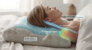 Diagram showing correct spinal alignment and reduced joint pressure when using a shoulder-relief side sleeper pillow