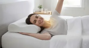 A side sleeper waking up well-rested and pain-free after switching to a supportive contour pillow.