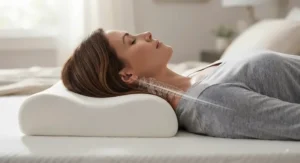 Illustration showing proper spinal alignment for a side sleeper using a contour pillow to maintain a straight neck position.