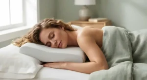 A person using a flat, supportive pillow to ensure healthy spinal alignment and avoid neck pain while sleeping on their stomach.
