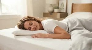 A person sleeping soundly on their stomach using a flat, thin pillow for proper head elevation.