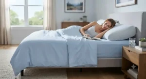 A comfortable American summer bedroom setup featuring a cooling pillow for hot sleepers alongside lightweight, breathable sheets.