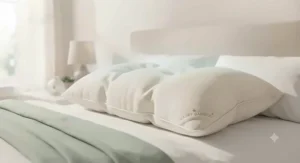 A temperature-regulating bamboo pillow keeping cool during warm summer nights on a cozy queen mattress.