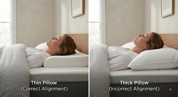 Side-by-side comparison showing a person lying on their back with a thin pillow versus a thick pillow to illustrate proper spinal alignment. thin pillow vs thick pillow for back sleepers