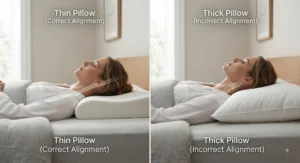 Comparison chart depicting body posture differences when using a thin pillow versus a thick pillow while sleeping on the back.