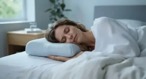 A woman sleeping soundly and staying cool through the night while resting her head on a temperature-regulating cooling pillow.