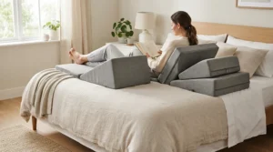 An adjustable acid reflux pillow for pregnancy showing elevated incline positioning for nighttime relief
