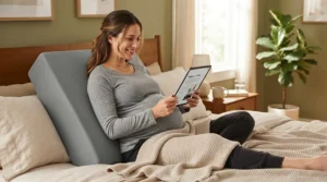 An expecting mother resting her head on an acid reflux pillow for pregnancy while watching a tablet in bed