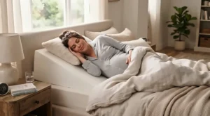A smiling pregnant woman relaxing in bed while using an acid reflux pillow for pregnancy during the third trimester