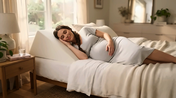 Comprehensive prenatal sleep setup featuring an ergonomic acid reflux pillow for pregnancy and body support