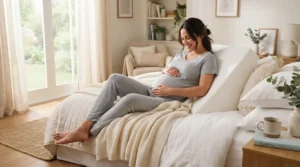 An expectant mother sleeping comfortably on an acid reflux pillow for pregnancy in a cozy bedroom