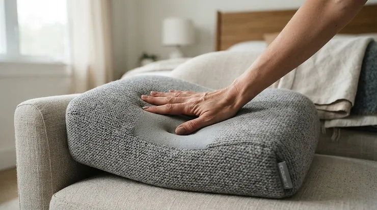 A hand pressing into the memory foam of an anti-snoring pillow under $50.
