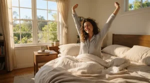 A well-rested person waking up refreshed after using an anti-snoring pillow under $50.