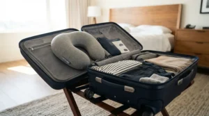An anti-snoring pillow under $50 packed inside a suitcase for a weekend trip across the US.