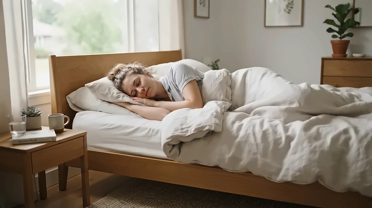 A side sleeper resting comfortably on the best anti-snoring pillow, showing proper head and neck alignment for quiet breathing.