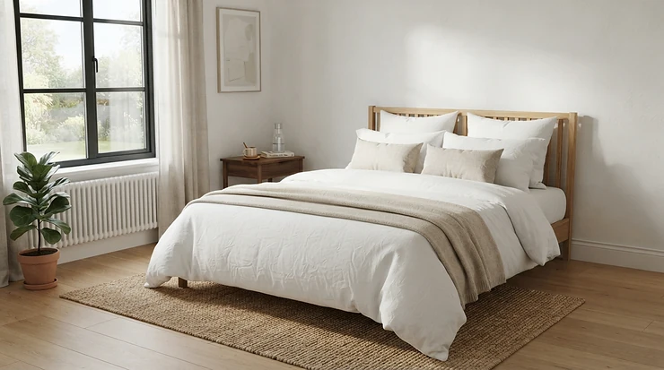 Modern master bedroom setup featuring a cooling pillow for night sweats on a made bed
