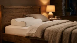 A breathable travel CPAP pillow positioned on a rustic wooden bed frame inside a mountain cabin.