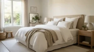 A relaxing bedroom setup featuring a cooling pillow for menopause to ease hormonal sleep disruption.